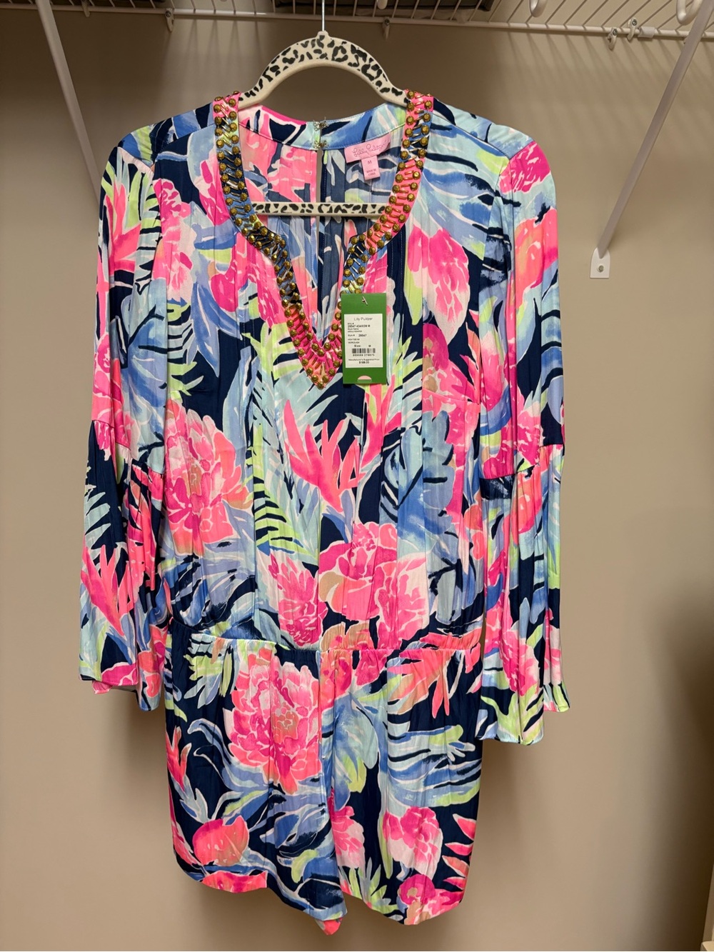 Lilly Pulitzer Navy Romper with Neon Pink & Light Blue Floral Print